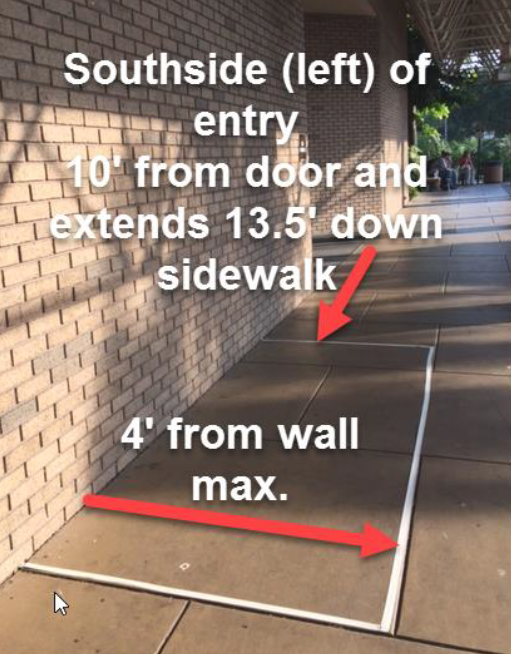 Petition space at Lakeland Public Library on parking lot entrance, 10' from door extending 13.5' down sidewalk and 4' out from wall.