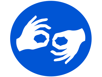Sign Language Interpreters logo of two hands in white on a blue circle