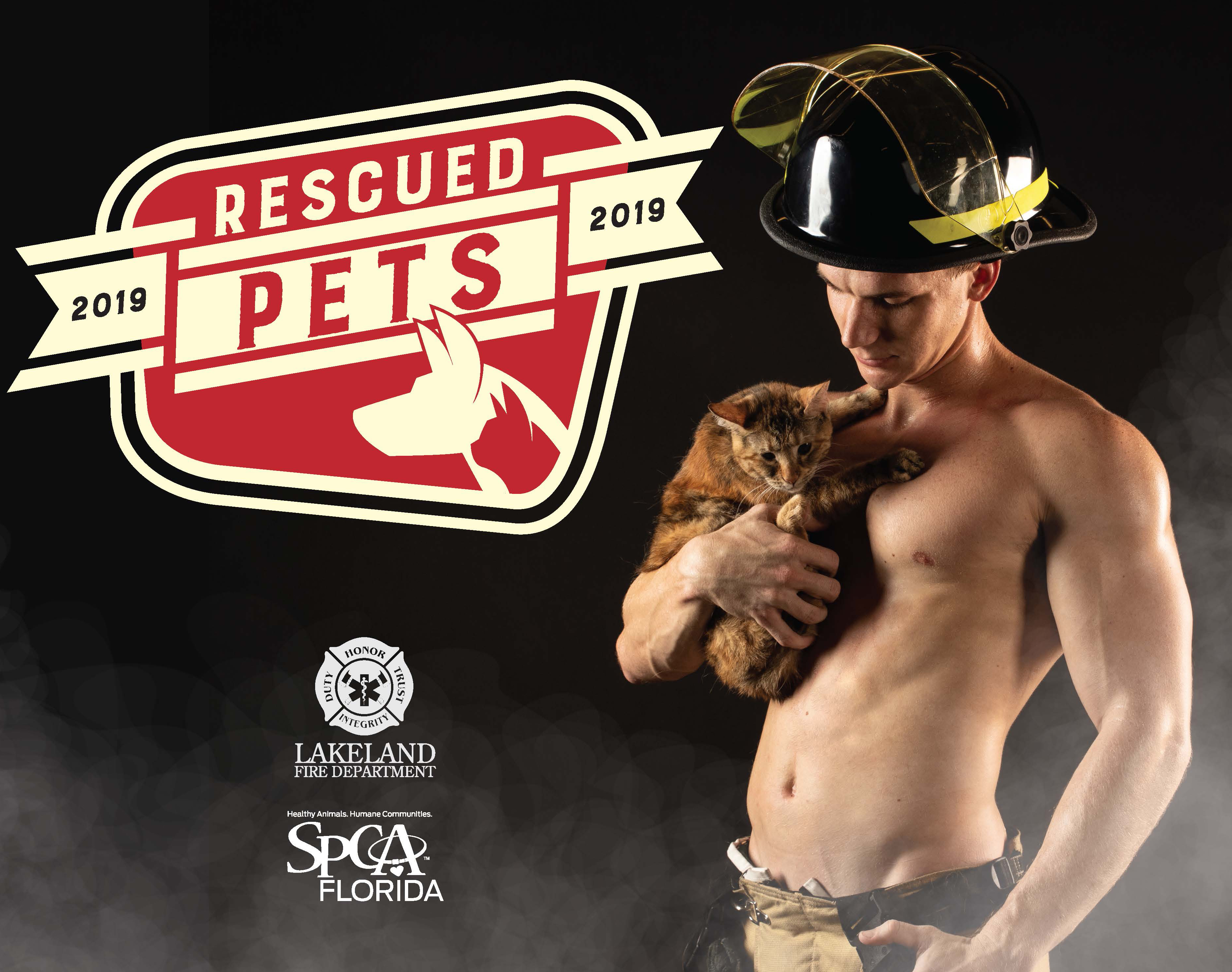 Calendar featuring LFD Firefighters and rescued pets. All proceeds benefit SPCA Florida.