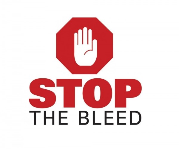 Stop the Bleed Logo. Red Hand Above Font. 