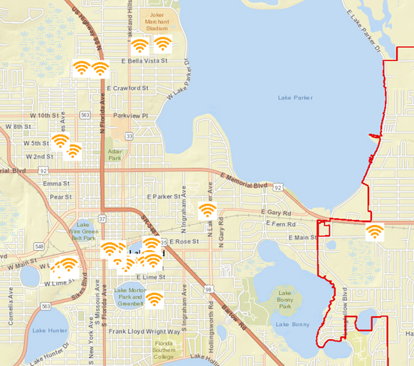 Screenshot of ArcGIS Map of SurfLakeland wifi locations in Lakeland