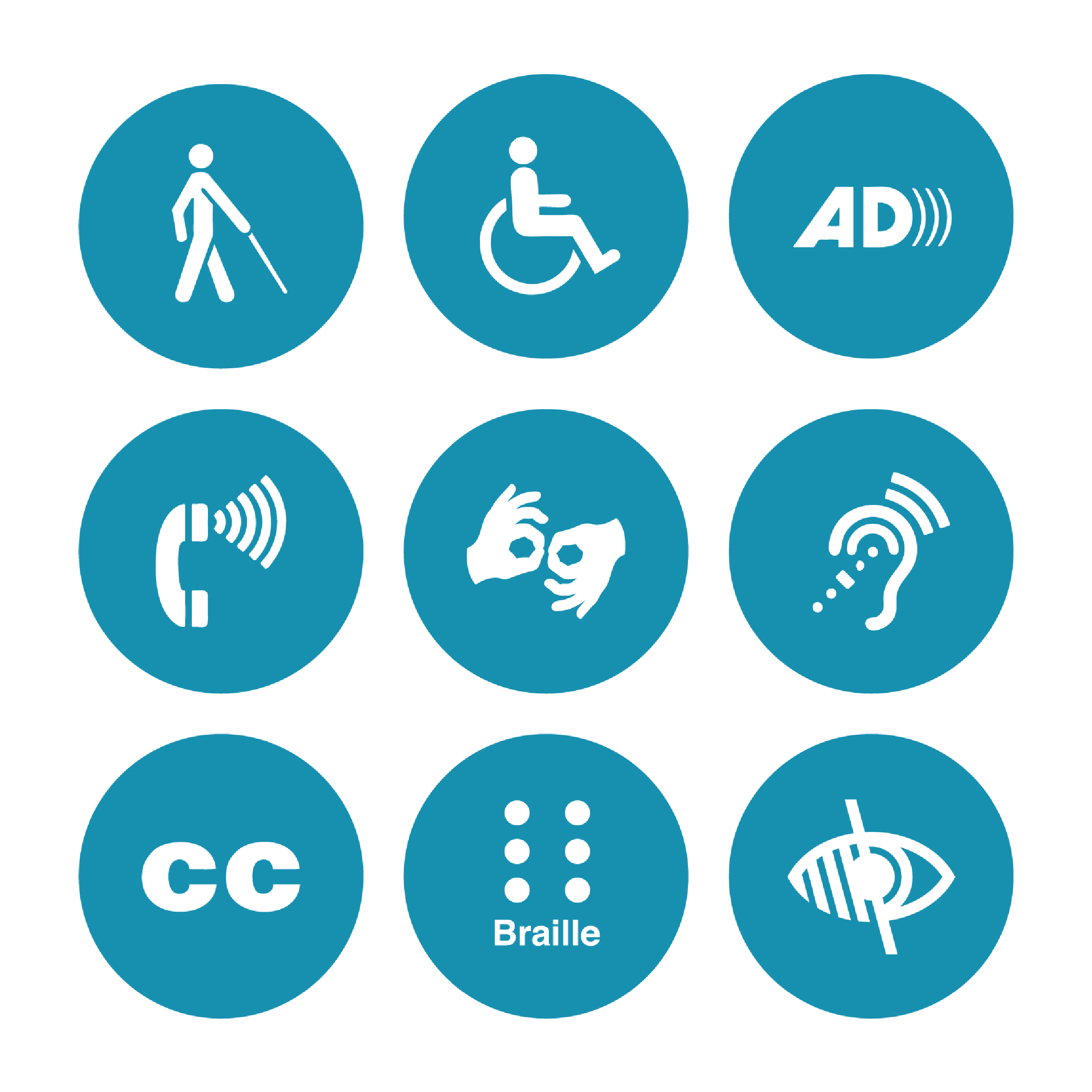 square made up of 9 circles with accessibility-related icons on each