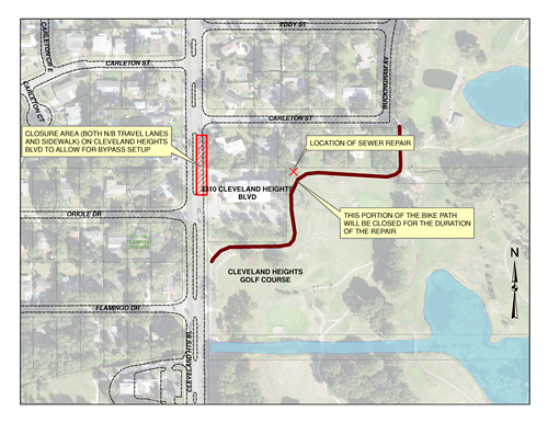 Map showing details of construction and impacted area on Cleveland Heights Blvd and Three Parks Trail